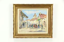 Pietro De Francisco Oil on Canvas Gold Painted Frame Crowded Village #33696