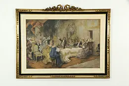 Painted Antique English Print of 18th Century Salon Scene Gold Frame 38"  #34335