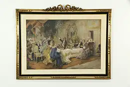 Painted Antique English Print of 18th Century Salon Scene Gold Frame 38"  #34335