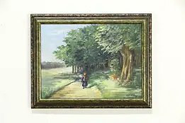 Walking on a Sun Dappled Path Vintage Original Oil Painting, Signed 19" #33604