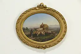 Farm Scene Oval Antique Original Italian Painting, A Milone 1868 19" #33613