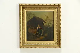 Young Farm Girl at a Well Antique Original Oil Painting Gaston 21" #33644