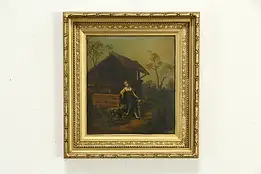 Young Farm Girl at a Well Antique Original Oil Painting Gaston 21" #33644