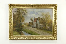 Cottages & Woman with Geese Original Antique Oil Painting Rupprecht 47" #33646