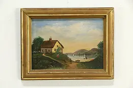 Cottage & Lake English Antique Primitive Original Oil Painting 17 1/2"  #33647