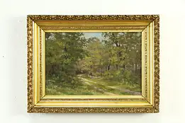 Sunlit Path in the Forest Antique Original Oil Painting, Protz 23 1/2" #34543