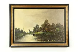 Dutch Farm & Stream Twilight Vintage Original Oil Painting W F Smith 42" #34728