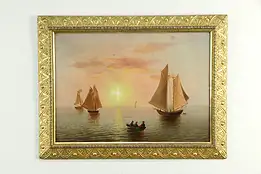 Sailboats at Sunset, Victorian Antique Oil Painting Gothic Frame #34769