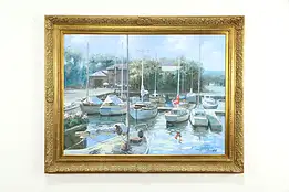 Summer Harbor & Sailboats Original Oil Painting on Canvas H. Cooper 58" #34776