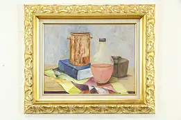 Still Life Jug & Book Original English Vintage Oil Painting Lily Wood 25" #34845