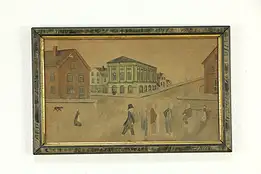 City Street Scene Naive Antique Original Watercolor Painting 22 1/2"  #34431