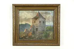 Stone Tower in Ruins, Original Antique Oil Painting Karl Kuchler 1922 16" #34541