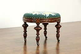 Victorian Antique Carved Walnut Footstool, Needlepoint Upholstery #34767