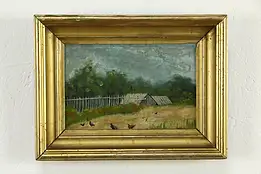 Farm Scene with Chickens Original Antique Oil Painting, Boston Canvas 12" #35047