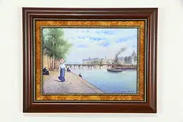 Paris Scene on the Seine River Original Oil Painting, 2008 Russian 27" #34939