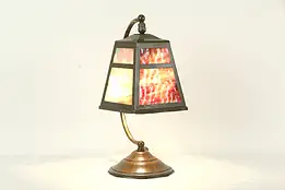 Arts & Crafts Mission Antique Brass Lamp, Stained Glass Craftsman Shade #34947