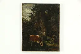 Thatched Cottage, Cow, Lady Reading Original Antique Oil Painting 16" #33614