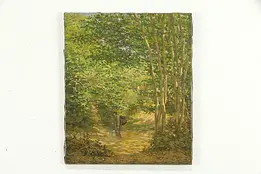 Forest with Hiker Original Antique French Oil Painting, P. Chretien 22"  #35064