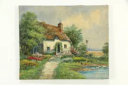 Cottage & Duck Pond in Summer Antique Original Oil Painting, Karsten 28" #35308