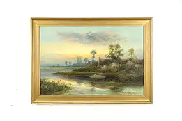 Cottage, Boat & Cathedral Antique English Oil Painting, Langtry 28"  #35569