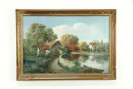 Cottage & Pond Landscape Original English Antique Oil Painting Turnay 41" #34502
