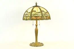 Stained Glass Curved Panel Shade Antique Lamp, Hawaiian Palm Trees #35092