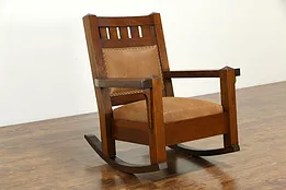 Arts & Crafts Mission Oak Antique Rocker, Leather Craftsman Rocking Chair #35384