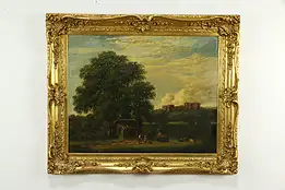 Thatched Cottage & Castle Landscape Original Oil 1977 Damar 48" #35752