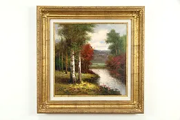 Stream in Autumn & Birches, Original Vintage Oil Painting, Signed, 34.5" #35754