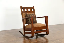 Arts & Crafts Mission Oak Antique Rocker Craftsman Leather Rocking Chair  #33819