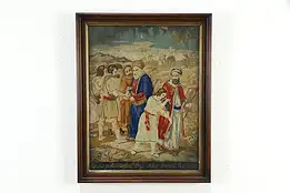 Joseph Sold into Slavery Antique Needlepoint Panel, Walnut Frame 29" #35166