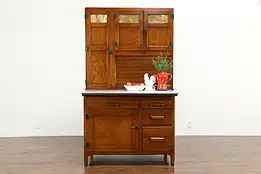 Oak Antique Hoosier Farmhouse Kitchen Pantry Cupboard, Stained Glass #36237