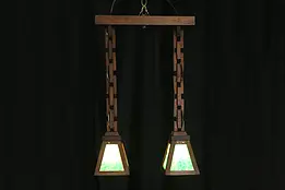 Arts & Crafts Mission Oak Antique Stained Glass Craftsman Light Fixture #36312