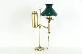 Brass Antique Adjustable Student Desk Lamp, Emerald Cased Glass Shade #35704