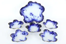 Flow Blue Victorian Antique China Set 5 Berry Bowls & Master, La Belle  #35891