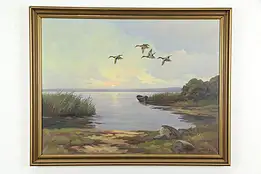 Lake at Sunset with Ducks Original Vintage Oil Painting, Signed 37 1/2" #36431