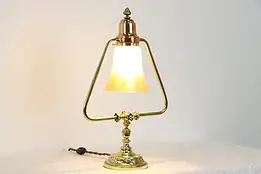 Brass & Copper Antique Embossed Desk Lamp, Art Glass Shade #35843