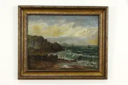 Crashing Waves & Sailboats Original Vintage Oil Painting 28" #36479