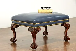 Leather Vintage Carved Claw & Ball Ottoman or Stool, Hancock & Moore #36752