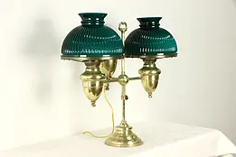 Victorian Antique Brass Double Student Desk Lamp, Emerald Shades #34096