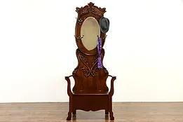 Victorian Carved Oak Hall Stand & Bench, Beveled Mirror, & Storage  #36242