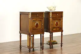 Pair of Antique Carved Oak French Nightstands, Brass Mounts, Marble Tops #36447