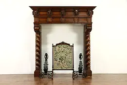 Oak Architectural Salvage French Antique Fireplace Mantel, Carved Figures #36456