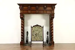 Oak Architectural Salvage French Antique Fireplace Mantel, Carved Figures #36456