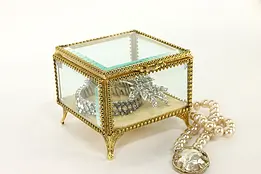 Gold Plated Filigree Vintage Jewelry Box, Beveled Glass & Velvet  #36761