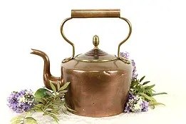 English Large Solid Copper Antique Tea Kettle, Brass Mounts #34994
