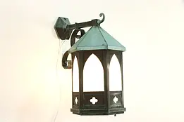 Gothic Arched Solid Copper Verdigris Antique Lantern, Milk Glass Panes #36960