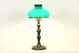 Art Nouveau Antique Desk Lamp, Emerald Green Cased Glass Shade #37083