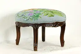 Country French Antique Carved Footstool, Needlepoint Upholstery, Floral #37081