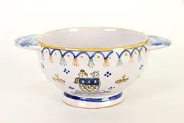 Lavender Quimper Signed Bowl with Handles, Hand Painted Brittany, France #37168